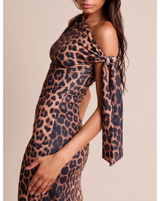Public Desire Natural Knot Detail Asymmetric One Shoulder Luxe Slinky Maxi Dress Leopard