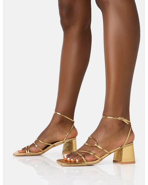 Public Desire Brown Dayla Gold Strappy Square Toe Block Mid Heel Sandals