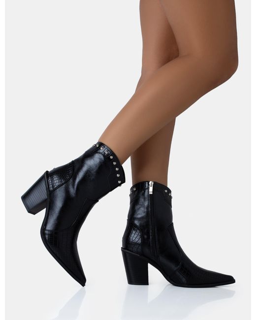 Public Desire Riley Black Croc Metal Studded Detail Western Cowboy Block Ankle Boots