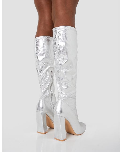 Public Desire White Christina Silver Grain Pointed Toe Block Heel Knee High Boots