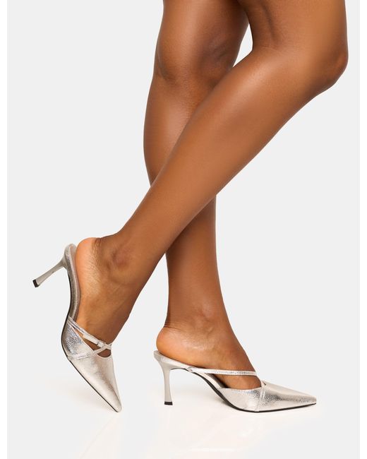 Public Desire Brown Casanova Cracked Silver Buckle Detail Pointed Toe Mid Heel Mules