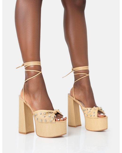Public Desire Brown Crete Raffia Diamante Twist Strap Lace Up Platform Block Heels