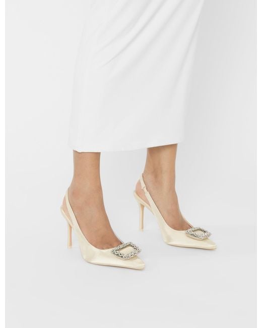 Public Desire White Flint Ivory Satin Brooch Slingback High Heels
