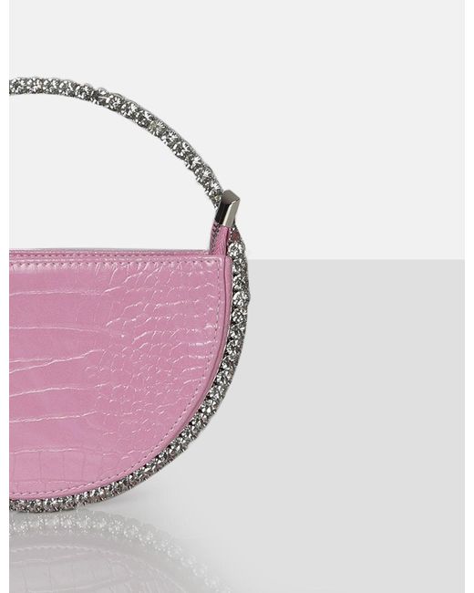 Public Desire The Alessia Baby Pink Croc Circle Diamante Mini Handbag |  Lyst UK