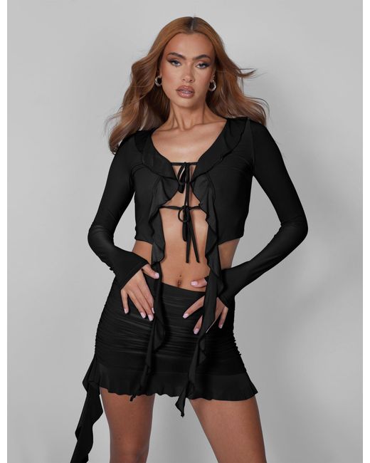 Public Desire Frill Detail Tie Front Cardigan Top Black