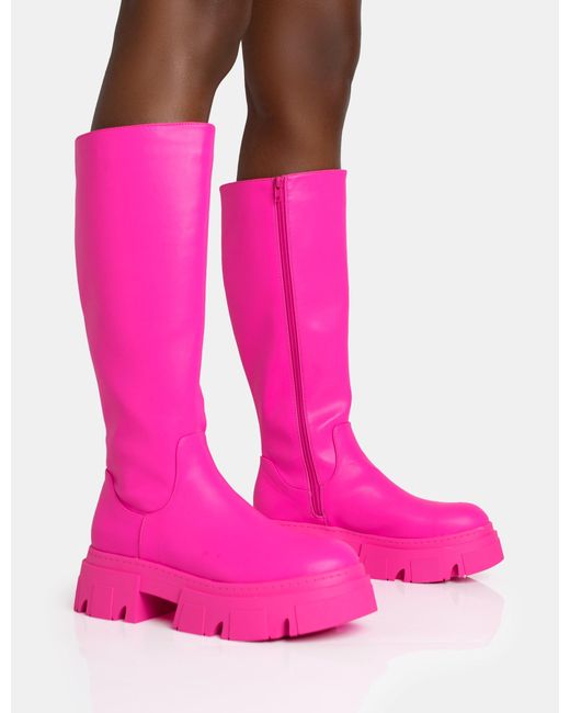 Public Desire Scorpio Hot Pink Rubberised Pu Rounded Toe Chunky Sole Knee High Boots