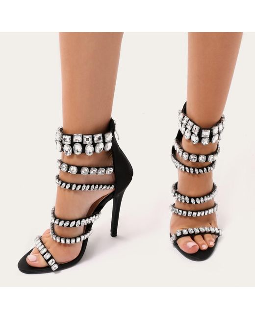 Public Desire Diamond Embellished Stiletto Heels In Black Satin | Lyst