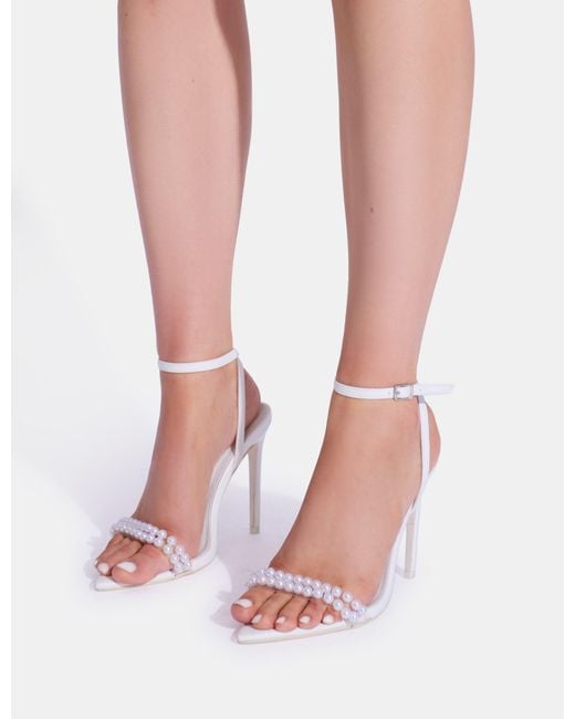 Public Desire Pink Velvetine White Double Pearl Strap Barely There Stiletto Heels