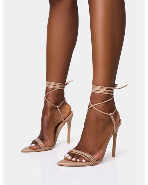 Public Desire Brown Merlot Nude Lace Up Wrap Around Pointed Toe Stiletto Heels