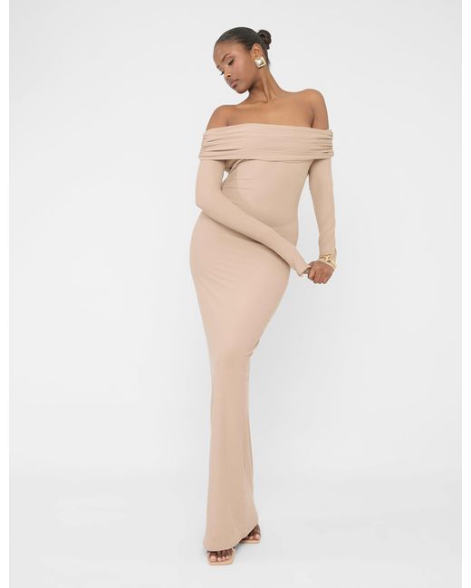 Public Desire Gray Bardot Luxe Slinky Maxi Dress Latte