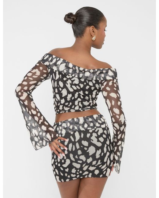Public Desire White Mesh Bardot Fold Over Long Sleeve Crop Top Animal Print