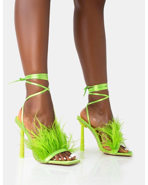 Public Desire Green Iconic Lime Satin & Lime Feather Detail Square Toe High Heels