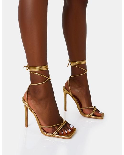 Public Desire Brown Dax Wide Fit Gold Pu Barely There Lace Up Square Toe Stiletto Heels