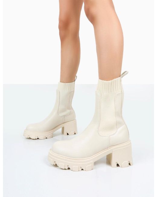 Public Desire White Everdeen Ecru Pu And Knit Chunky Heeled Platform Sock Ankle Boots