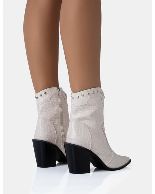 Public Desire White Riley Ecru Croc Metal Studded Detail Western Cowboy Block Ankle Boots