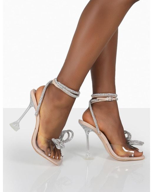 Public Desire Multicolor Glimmer Nude Wrap Around Diamante Bow Square Toe Heels