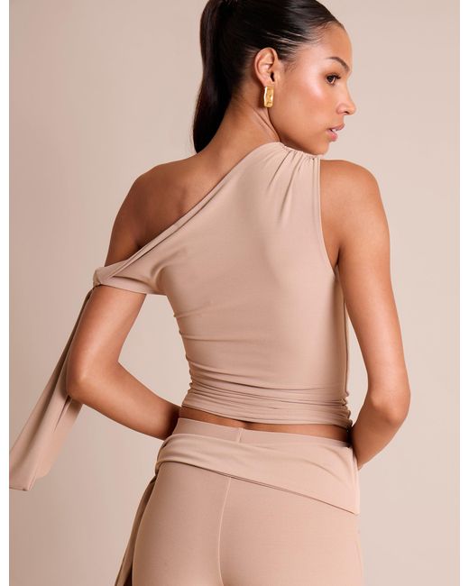 Public Desire Natural Knot Detail Asymmetric One Shoulder Luxe Slinky Top Stone