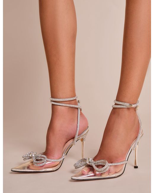 Public Desire Brown Midnight Clear Perspex Wide Fit Wrap Around Sparkly Diamante Bow Pointed Toe High Heel