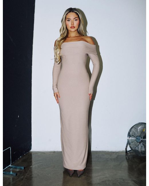 Public Desire Gray Bardot Luxe Slinky Maxi Dress Latte