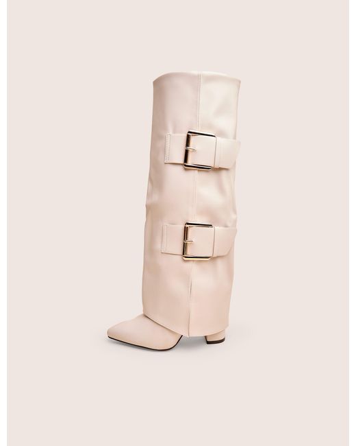 Public Desire Natural River Ecru Double Buckle Detail Pu High Knee Boots