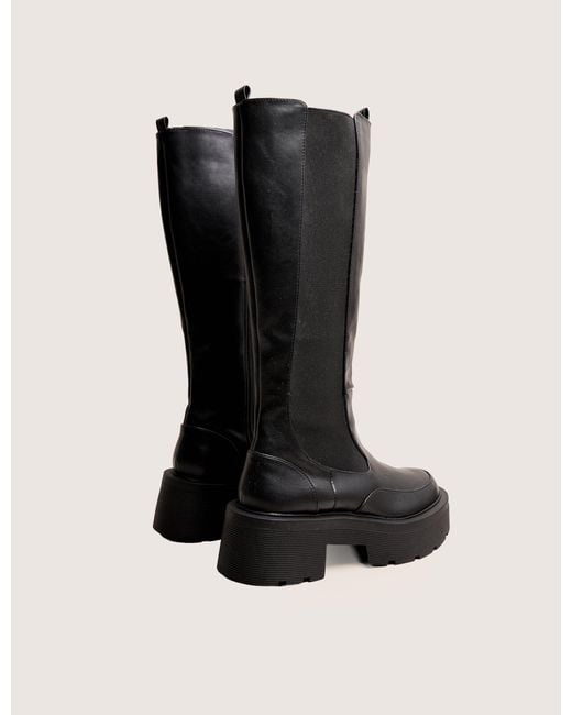 Public Desire Evergreen Black Knee High Elasticated Detail Chunky Heeled Sole Boots