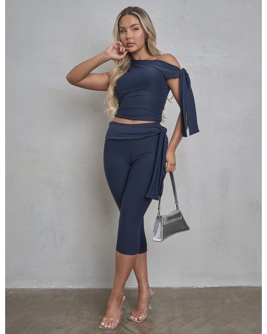 Public Desire Blue Knot Detail Asymmetric One Shoulder Luxe Slinky Top Navy