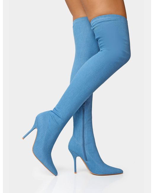 Public Desire Jodie Blue Denim Seam Detail Pointed Toe Stiletto Thigh High Boots