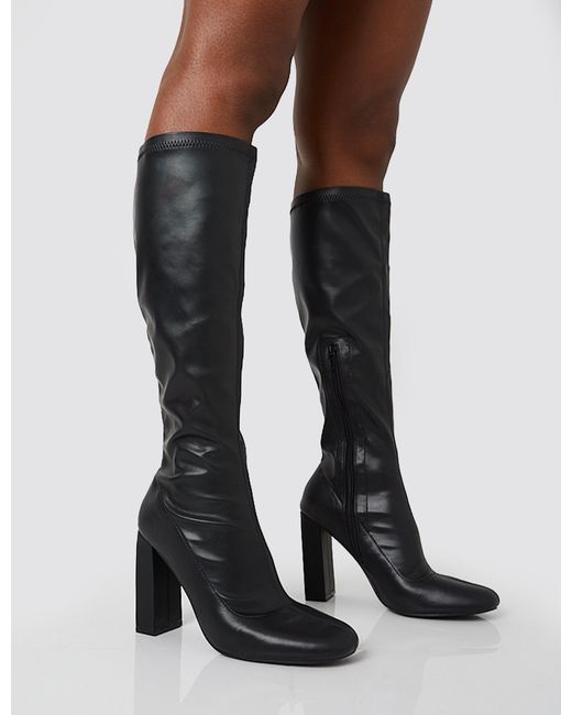 Public Desire Multicolor Christina Black Pu Pointed Toe Block Heel Knee High Boots