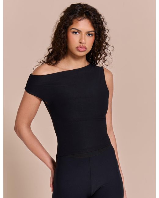 Public Desire Asymmetric One Shoulder Luxe Slinky Top Black