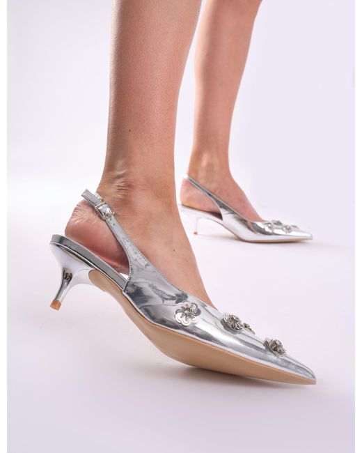 Public Desire White Kyle Silver Floral Embellishment Silver Mirror Slingback Kitten Heel Court Shoes