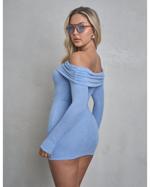 Public Desire Long Sleeve Off The Shoulder Bardot Mini Dress Blue