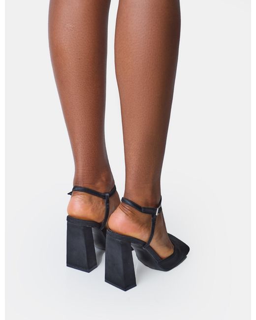 Public Desire White Leighton Black Satin Slant Toe Block Heels