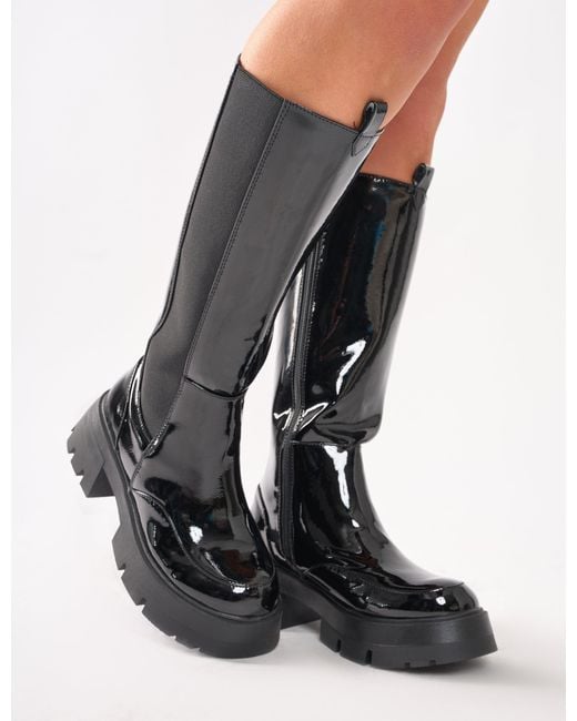 Public Desire Bryant Black Patent Chunky Sole Elasticated Knee High Boots
