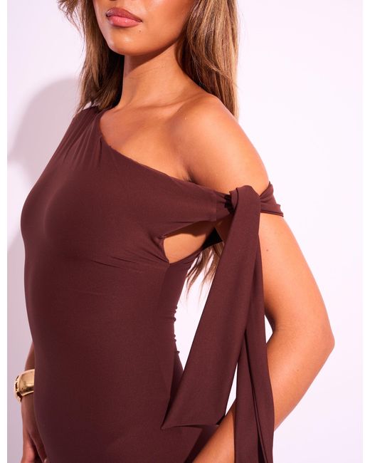 Public Desire Red Knot Detail Asymmetric One Shoulder Luxe Slinky Mini Dress Chocolate