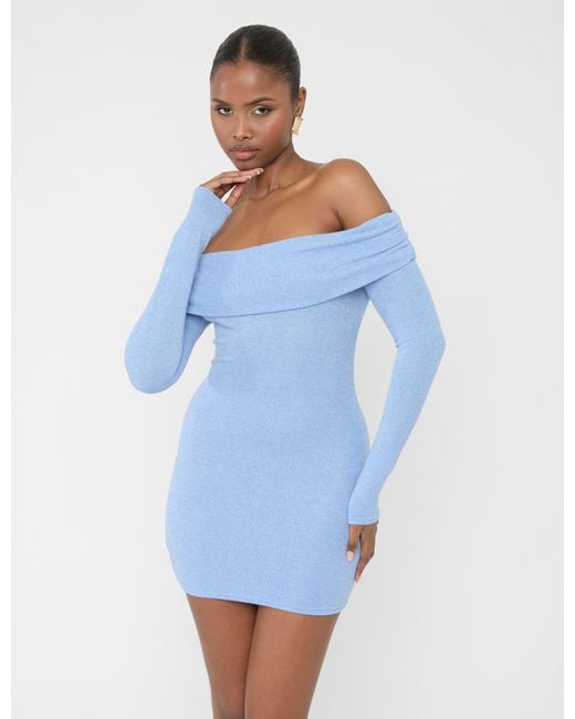 Public Desire Long Sleeve Off The Shoulder Bardot Mini Dress Blue