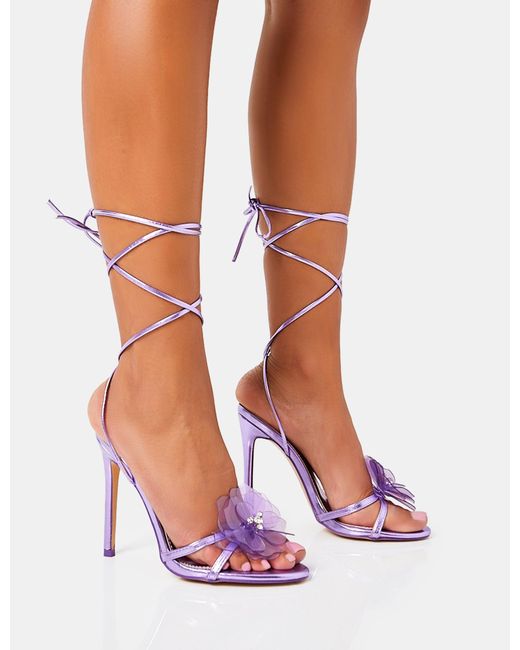 Public Desire Bonny Metallic Purple Pu Flower Detail Lace Up Barley There  Rounded Toe Stiletto High Heels | Lyst