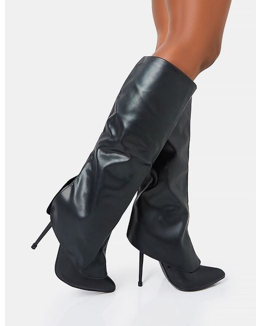 Public Desire Blue All Yours Black Pu Fold Over Pointed Toe Stiletto Knee High Boots