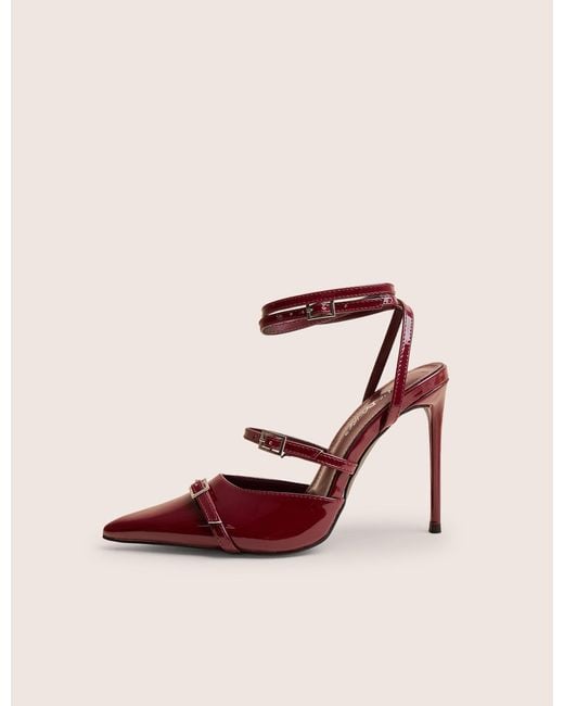 Public Desire Pink Viper Burgundy Three Strap Buckle Detail Court Heels