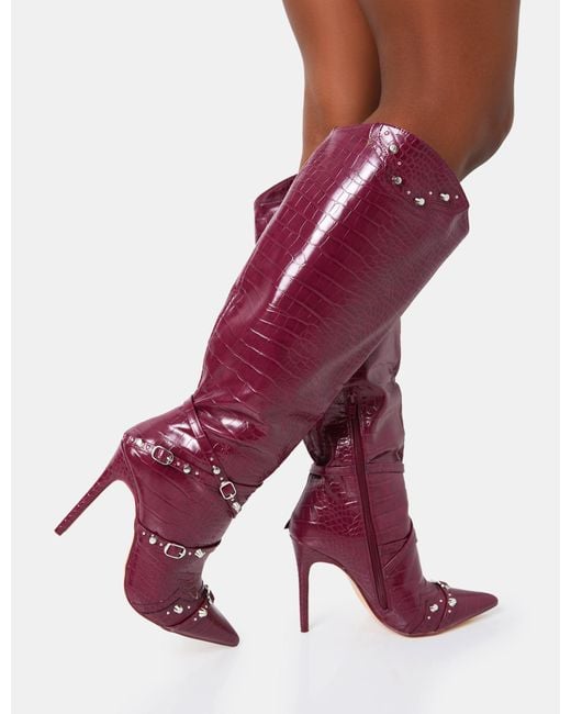 Public Desire Purple Doja Wide Fit Burgundy Croc Studded Zip Detail Pointed Toe Stiletto Knee High Boots
