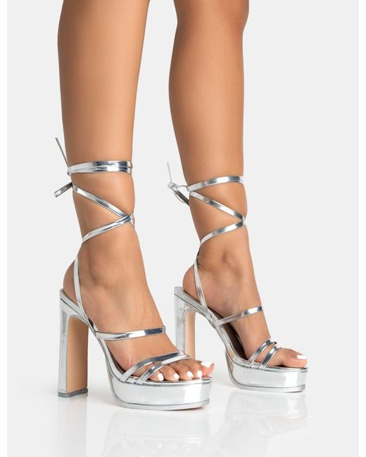 Public Desire White Gimme Gimme Silver Pu Strappy Lace Up Block Heels