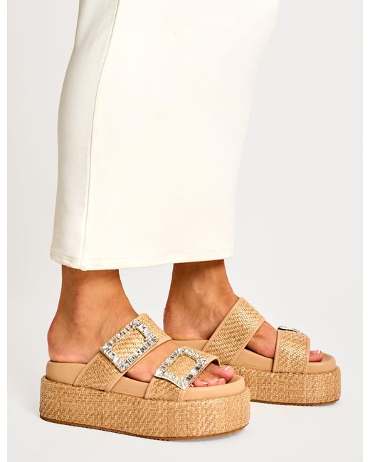 Public Desire White Bettie Natural Rattan Diamante Buckle Detail Flatform Slider Sandals