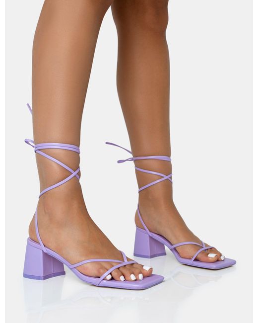 Public Desire Casey Lilac Strappy Lace Up Square Toe Low Block Heel Sandals  in Purple | Lyst