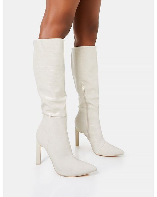 Public Desire White Unite Ecru Croc Pointed Toe Knee High Block Heeled Boots