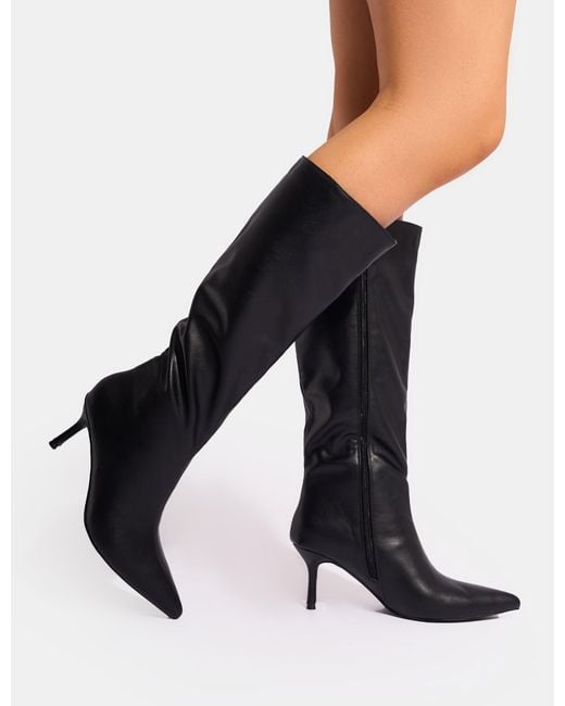 Public Desire Blue Amped Black Pointed Toe Mid Heel Knee High Boots