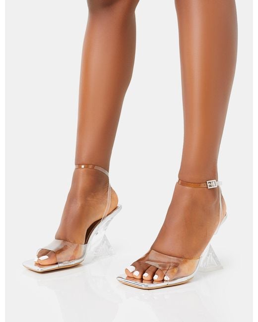 Public Desire Brown Twin Flame Silver Mirror Clear Perspex Wrap Around Barely There Inverted Wedged Square Toe High Heels