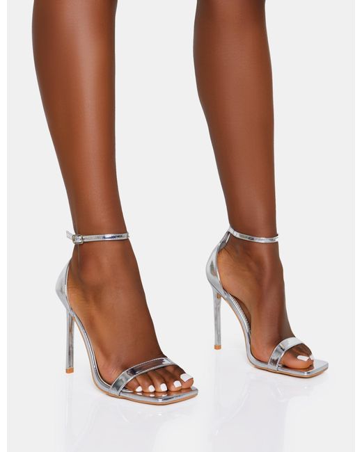 Public Desire Brown Chaos Silver Square Toe Strappy Barely There Stiletto Heel