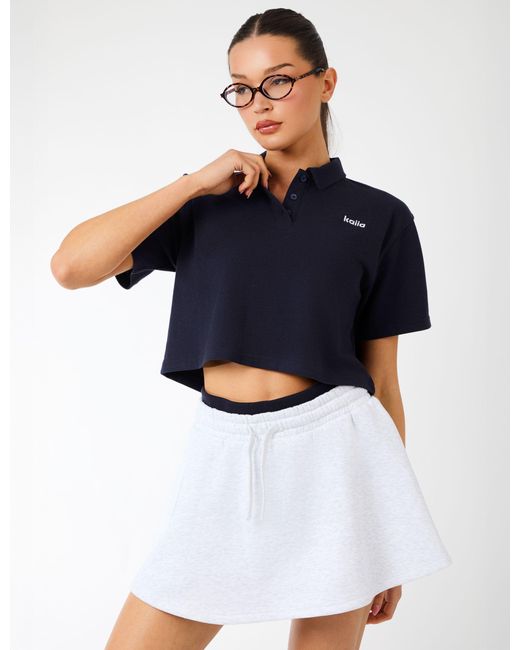 Public Desire Blue Kaiia Label Logo Short Sleeve Crop Polo Top Navy
