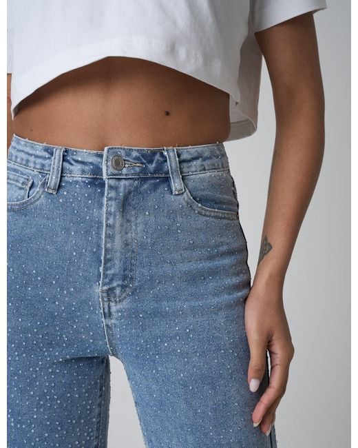 Public Desire Clear Diamante Straight Fit High Rise Demin Blue Jeans