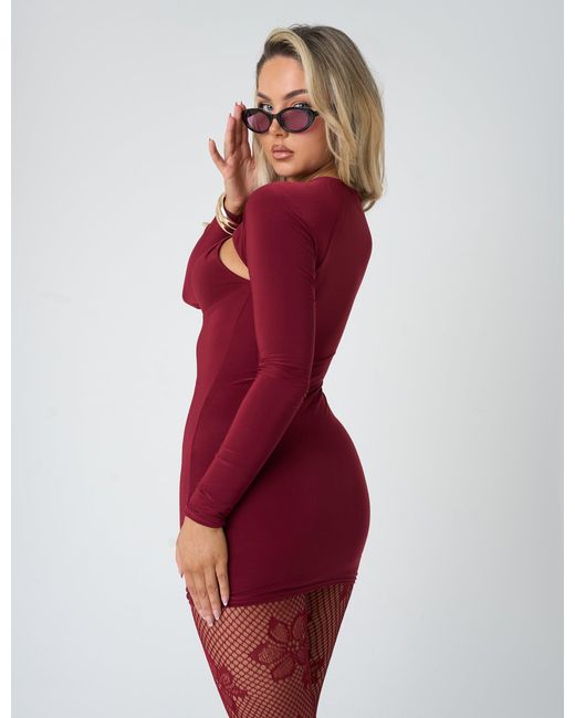 Public Desire Red Twist Detail Plunge Mini Dress Burgundy