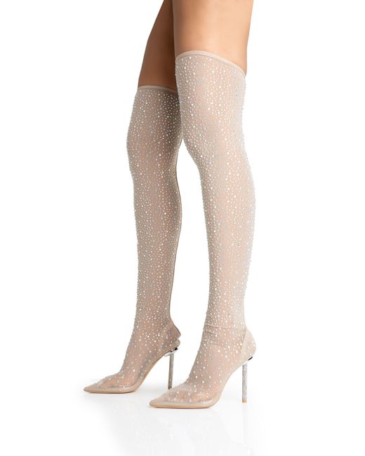 Public Desire White It Girl Nude Diamante Holographic Detailed Mesh Pointed Toe Stiletto Sock Boot Heels